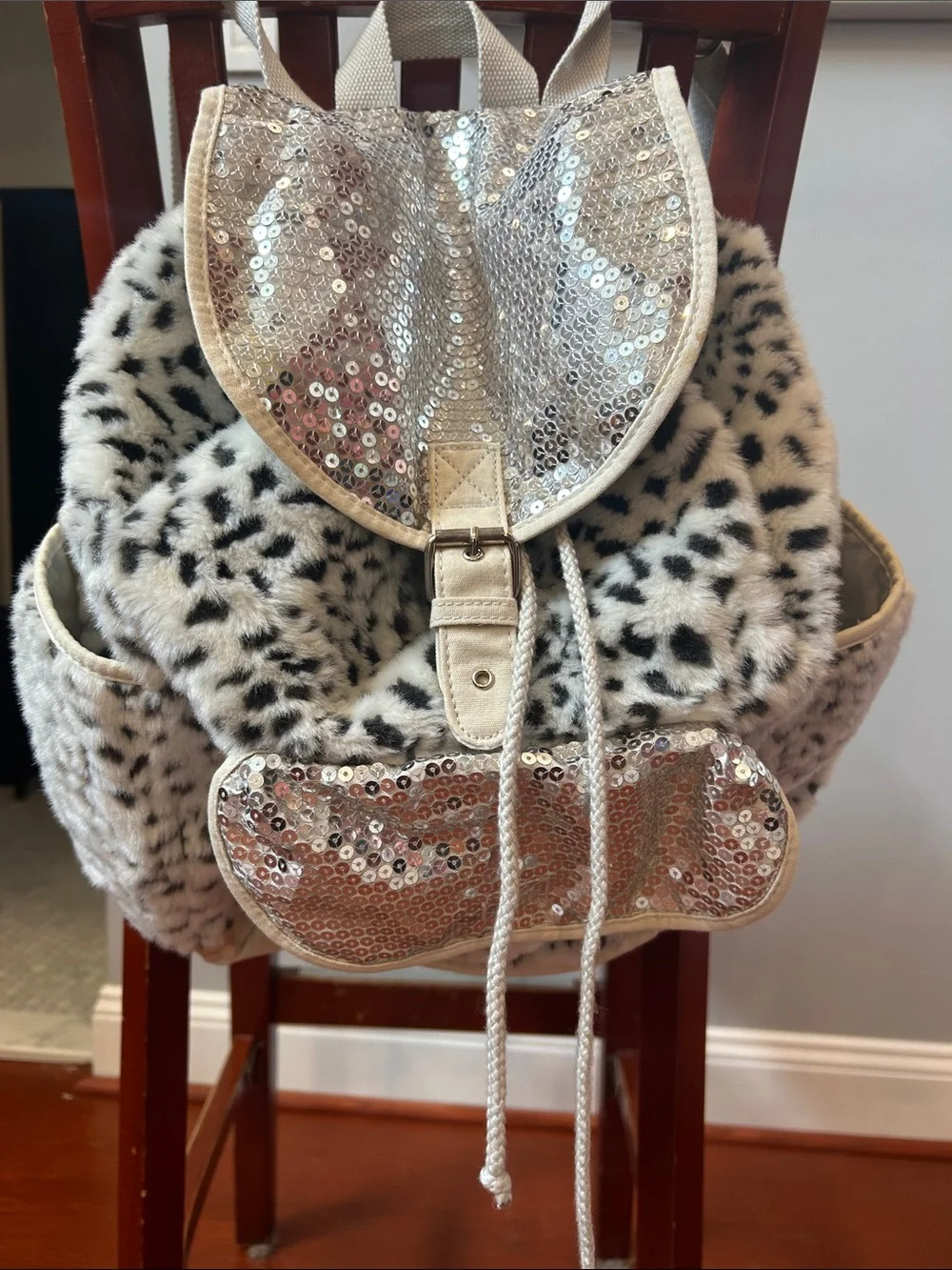 Girls White Faux Fur Leopard Backpack with Silver Sequin Accents